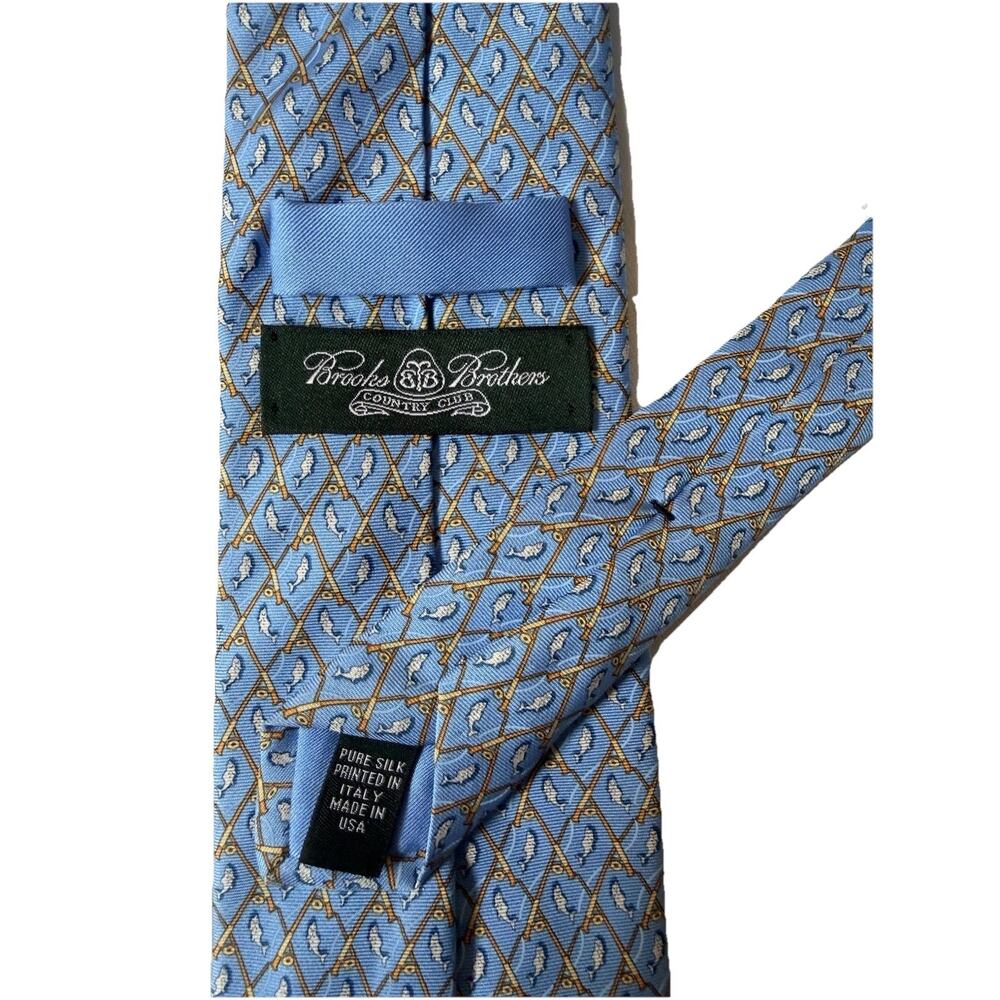 Brooks Brothers Country Club Neck Tie Fishing Print Blue 100% Silk Classic